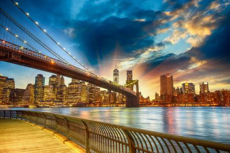 布鲁克林大桥和纽约城5k视网膜超高清壁纸和背景图像的视图