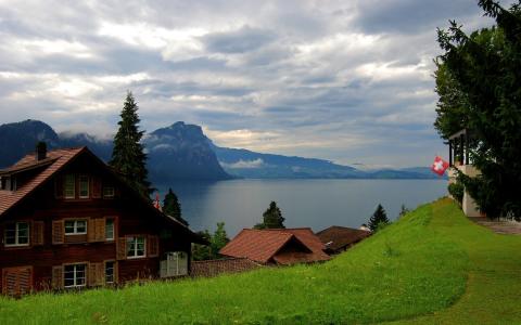 在瑞士的湖边的房子墙纸和背景图像