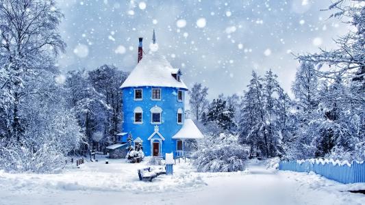 独特的房子在冬季暴风雪全高清壁纸和背景图像