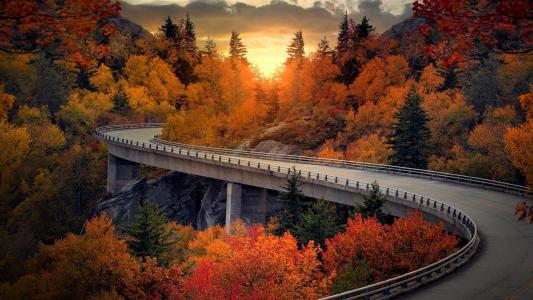 高架桥在北卡罗莱纳州蓝岭山行车道上秋季全高清壁纸和背景图像