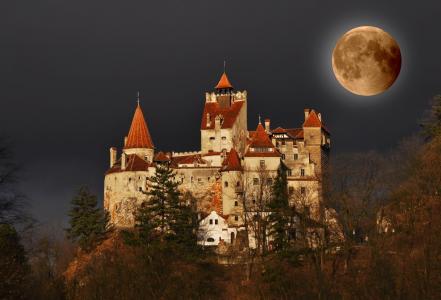 在麸皮城堡在罗马尼亚墙纸和背景图像的满月