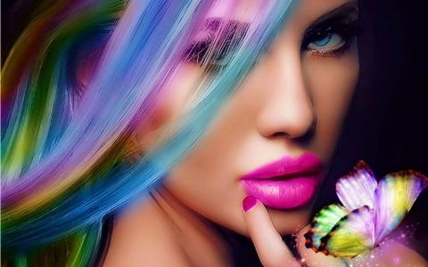 幻想女孩与彩虹头发壁纸和背景图像