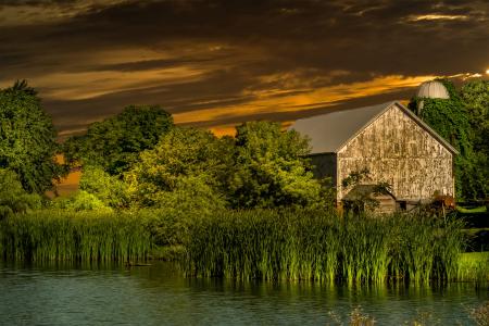 农场和河全高清壁纸和背景图像的日落