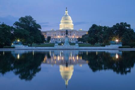 白宫反映在华盛顿的池塘里。