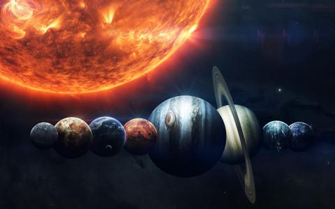 太阳系的行星排列在太阳旁边