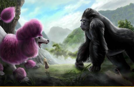 粉红色的狮子狗和大猩猩