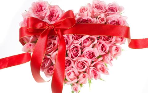 玫瑰花束以情人节2月14日的心的形式