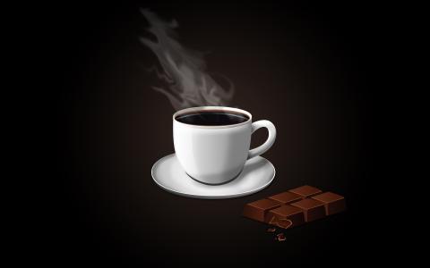 一杯咖啡和一个巧克力棒