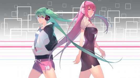 绿色和粉红色的头发，动漫的Vocaloids