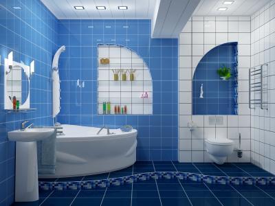 白色的蓝色瓷砖在浴室里