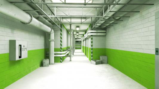 绿色的地下室内部，游戏镜像的边缘