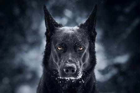 在雪地里有一只大鼻子的大黑狗