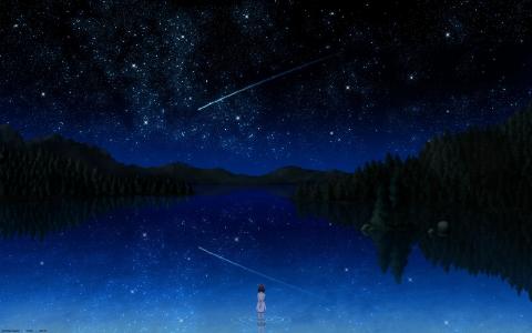 彗星在湖面上的星空中，动漫