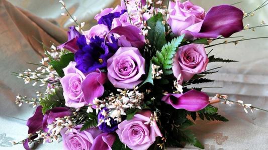 在花束中的紫色玫瑰3月8日的妇女
