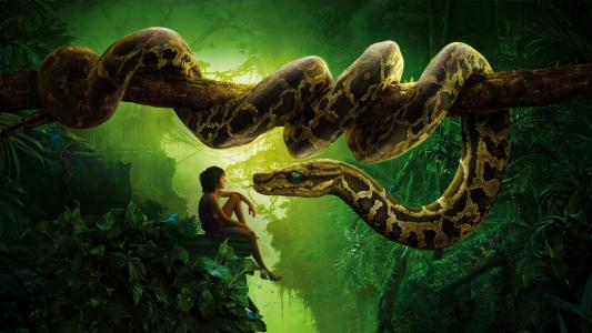 男孩Mowgli和电影的蟒蛇Kaa字符密林书2016年