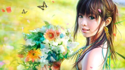 一个可爱的日本女孩，一束鲜花