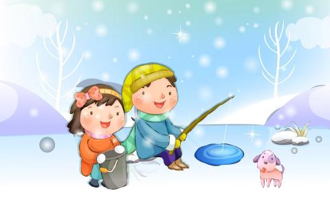 男孩和女孩冰上钓鱼