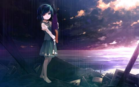 伤心的女孩在雨中