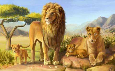 狮子，母狮和他们的幼崽