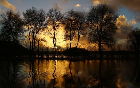金色的夕阳在湖上